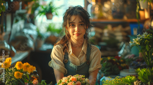 A portrait of a young, thoughtful florist in a denim apron surrounded by vibrant fresh flowers in her workshop.
