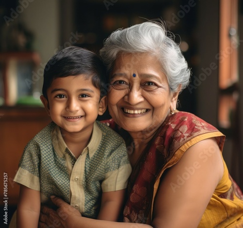 Indian grandmother and grandson hugging and smiling at the camera