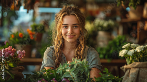 A friendly young florist with a genuine smile, surrounded by an array of fresh, colorful flowers in a bright shop.
