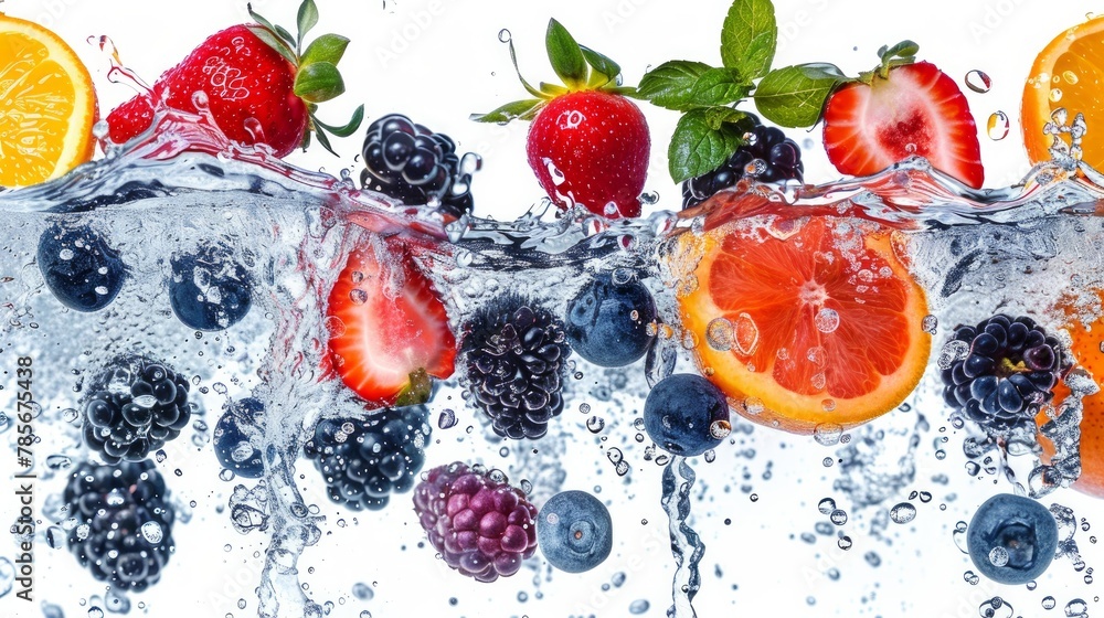 A dynamic image of fresh fruits caught in a water splash, isolated on a white background, showcasing freshness and vitality.
A dynamic image of fresh fruits caught in a water splash, isolated on a white background, showcasing freshness and vitality.