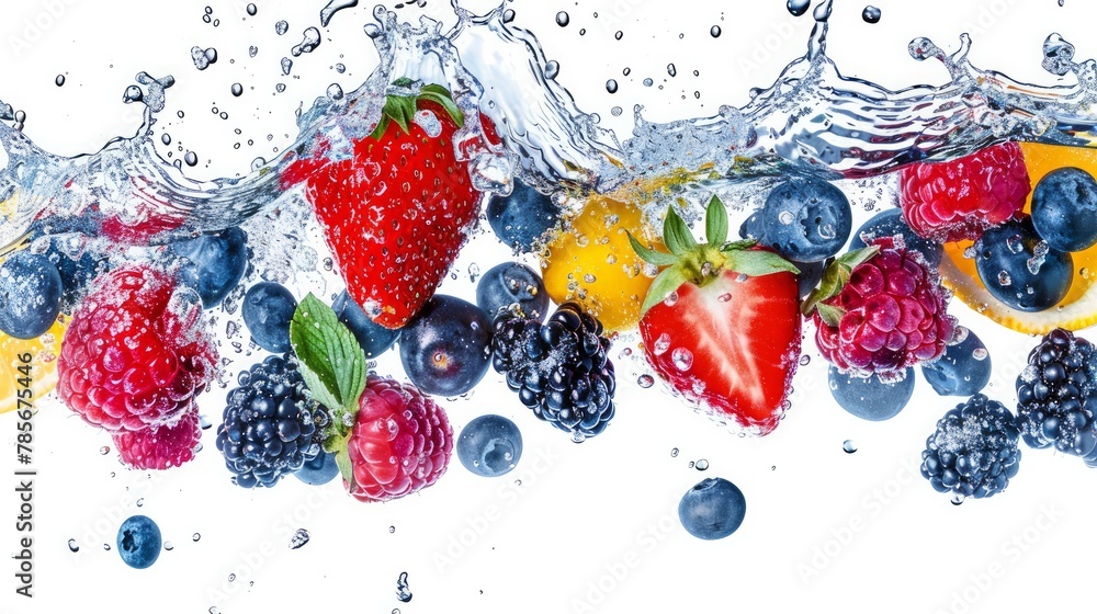A dynamic image of fresh fruits caught in a water splash, isolated on a white background, showcasing freshness and vitality.
A dynamic image of fresh fruits caught in a water splash, isolated on a white background, showcasing freshness and vitality.