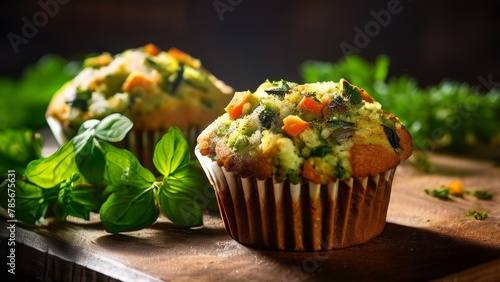 Vegetable muffins on a rustic wooden table.