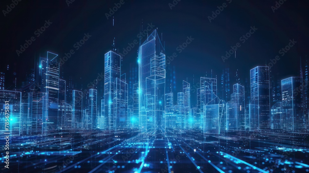 Smart city technology innovation concept with connect dots and lines. Glowing neon illustration background. Business connection, big data, network and global communication.