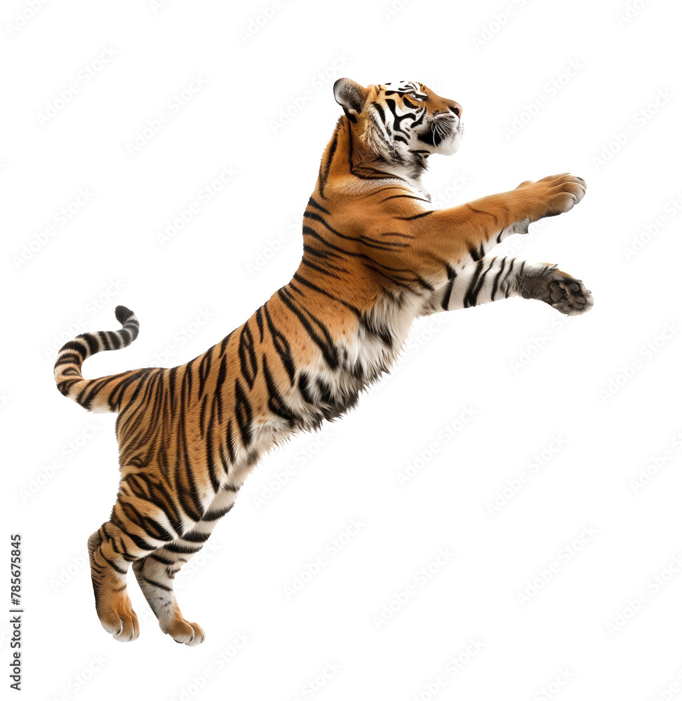 Fototapeta premium Soaring Tiger with Paws Outstretched on White