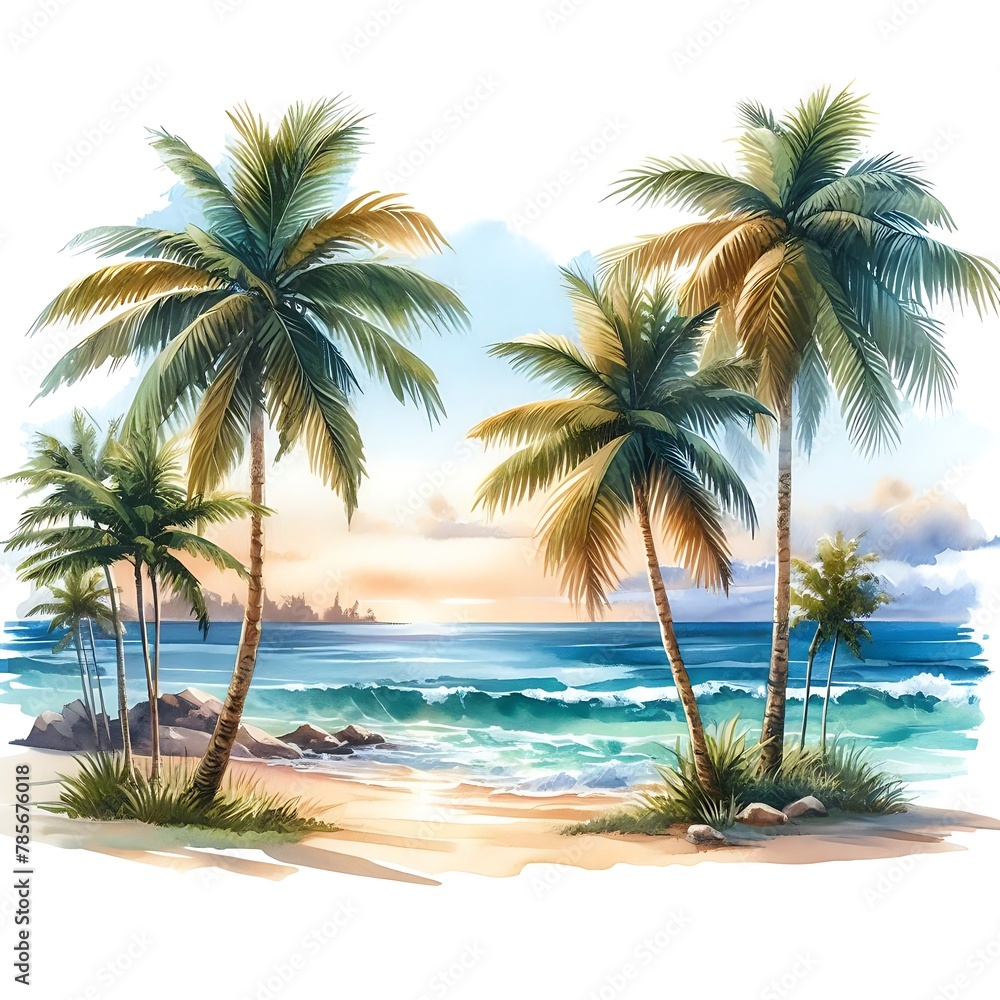 Serene Tropical Paradise,A Beautiful Illustration of Palm Trees, Golden Sands, and Azure Waters Under the Glistening Sun