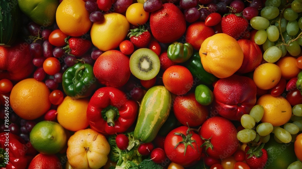 A diverse and colorful mix of fresh fruits and vegetables, showcasing a healthy and appetizing variety.
A diverse and colorful mix of fresh fruits and vegetables, showcasing a healthy and appetizing variety.