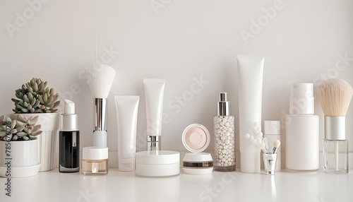 set of cosmetics on a white table on a white background