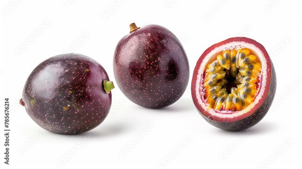 A passion fruit presented isolated on a white background, featuring both a whole fruit and a halved section.
A passion fruit presented isolated on a white background, featuring both a whole fruit and a halved section.