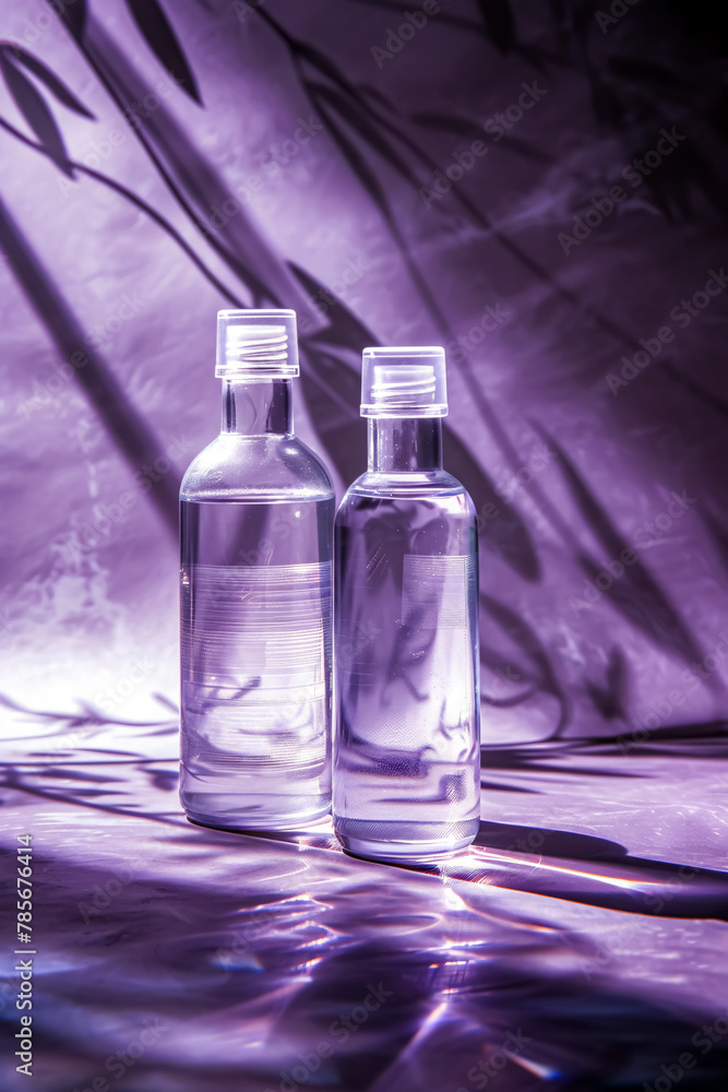 Cosmetic bottles on a purple background with shadows. Skin care concept. Mock up. Cosmetic bottles on a purple background with shadows. Skin care concept. Mock up.