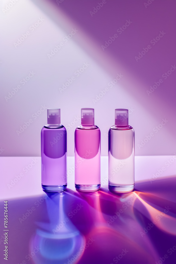 Cosmetic bottles on a purple background. 3d rendering. Mock up. Cosmetic bottles on a purple background. 3d rendering. Mock up.