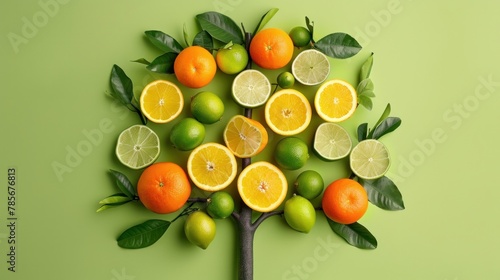 An artistic creation of a tree made entirely of citrus fruits like oranges  lemons  and limes  displayed on a bright background