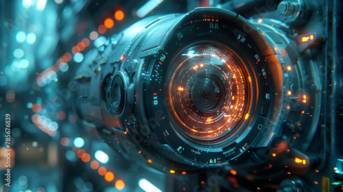 Security Camera hologram Close up, A closeup of the intricate details of a futuristic spaceship's engine 