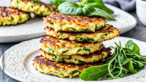 Zucchini fritters on a white plate with herbs