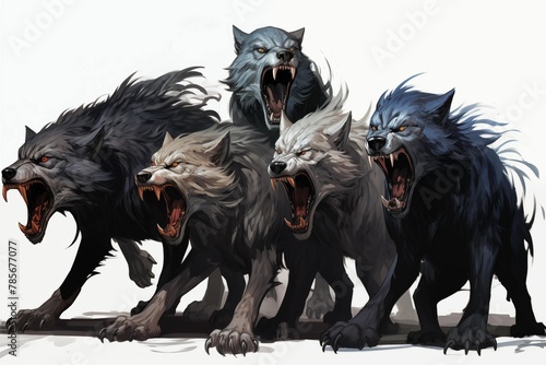 Illustration of a Pack of Fenris Wolfes on a White Background