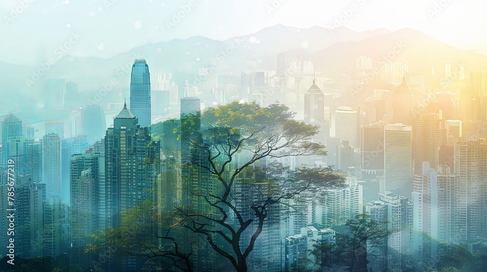 Panomamic cityscape with double exposure overlay of green summer forest vegetation