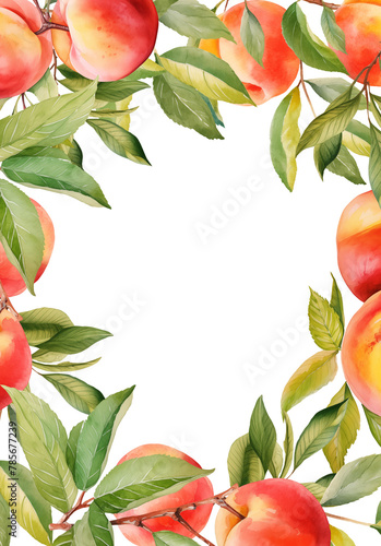 Watercolor frame border, card template with peaches tree branches and fruits, isolated illustration for wedding and holiday cards, posters (ID: 785677239)