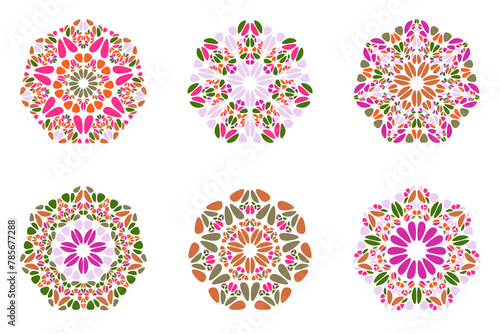 Isolated ornate gemstone ornament heptagon logo template set - colorful ornamental geometric abstract geometrical vector design elements