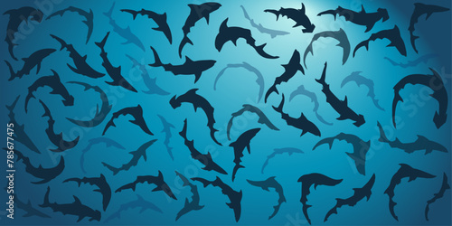 Sea shark silhouettes collection on blue background. Vector illustration. © Евгений Горячев