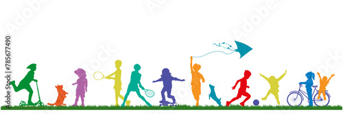 Children and pets colorful silhouettes on white background. Little girls and boys playing outdoor. Vector illustration.   © Евгений Горячев