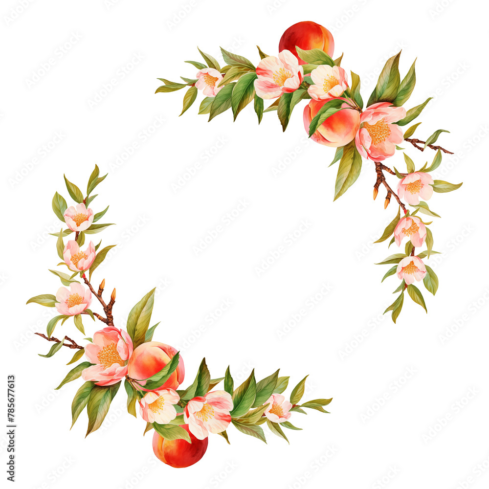 Watercolor wreath with peaches tree blooming branches and fruits, isolated illustration for wedding and holiday cards, kitchen design, posters Watercolor wreath with peaches tree blooming branches and fruits, isolated illustration for wedding and holiday cards, kitchen design, posters