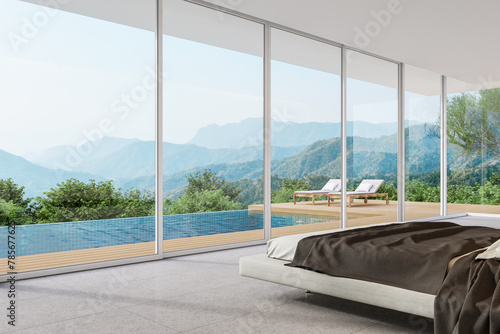 Modern contemporary loft style bedroom with swimming pool and mountain view 3d render, Concrete tile floor and wooden terrace, Decorated with minimal furniture