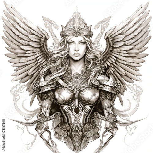 Black and White Illustration of a Valkyrie on a White Background
