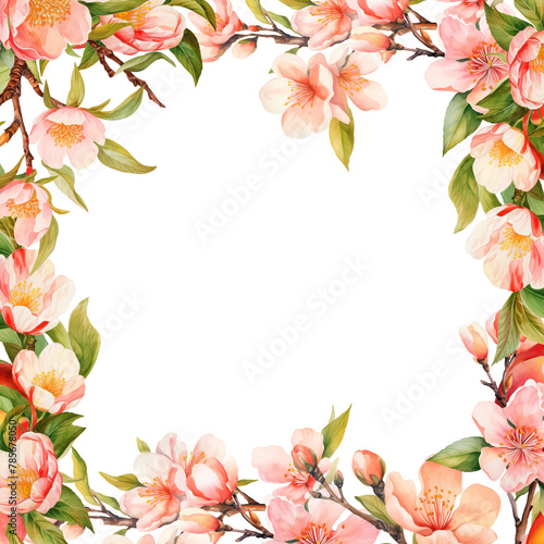Watercolor frame border, card template with peaches tree blooming branches, isolated illustration for wedding and holiday cards, posters (ID: 785678050)