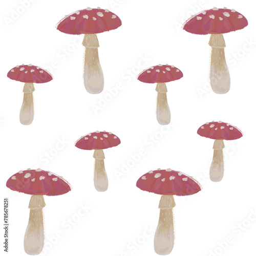 Seamless floral forest transparent pattern with mushrooms. Children's stylized pencil illustration for textile and paper design.