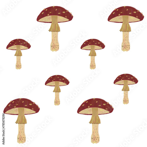 Seamless floral forest transparent pattern with mushrooms. Children's stylized pencil illustration for textile and paper design.