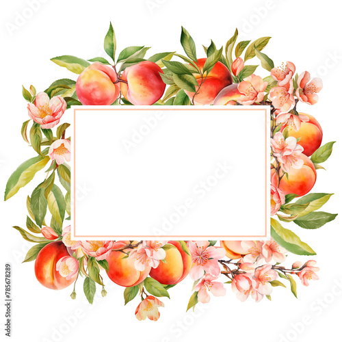 Watercolor frame border with peaches tree branches and fruits, isolated illustration for wedding and holiday cards, kitchen design, posters (ID: 785678289)