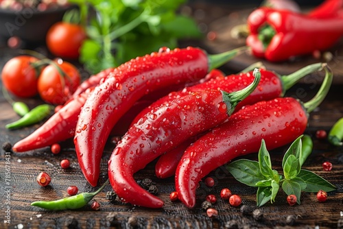 A vibrant image showcasing multiple red chili peppers with glistening water drops on a wooden surface photo