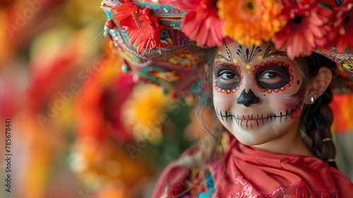 Colorful Dia de Muertos Spirit. Concept Dia de Muertos Traditions, Mexican Folklore, Vibrant Decorations, Skull Face Painting, Symbolic Offerings