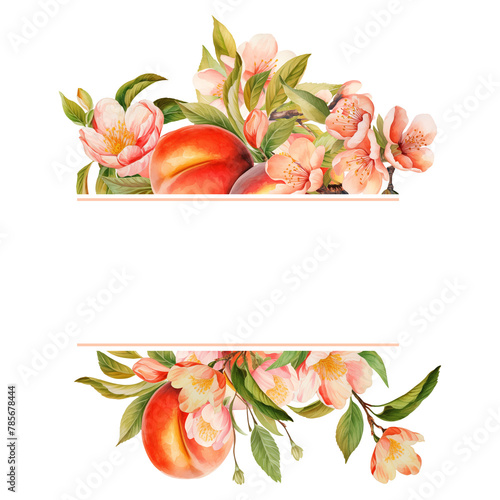 Watercolor frame border with peaches tree branches and fruits, isolated illustration for wedding and holiday cards, kitchen design, posters