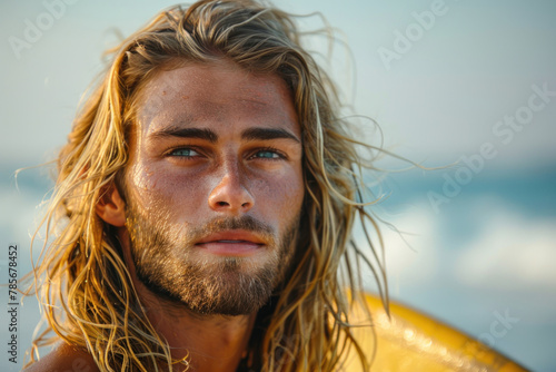 long-haired tanned man with a surfboard on the ocean shore. Active recreation and sports