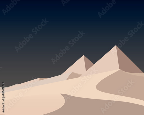 Illustration of egyptian pyramids inside desert landscape night