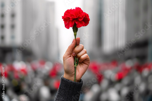 Hand with carnation flower raised up in the air photo