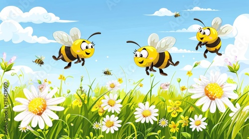 Playful bees on flying flowers AI generated illustration