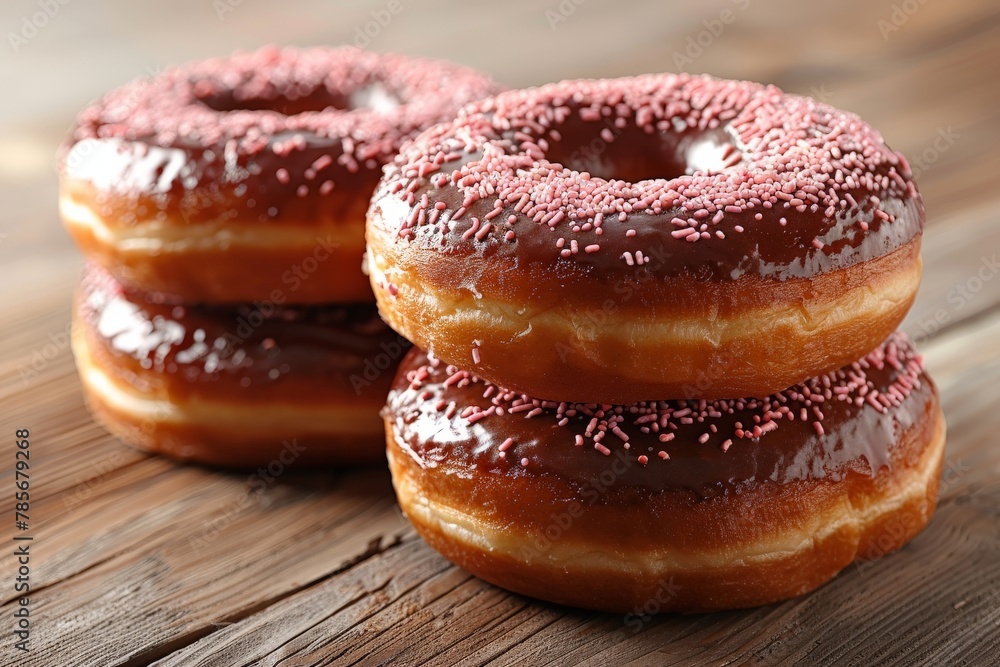 Three delectable chocolate-frosted donuts with red sprinkles, symbolizing indulgence and comfort food Three delectable chocolate-frosted donuts with red sprinkles, symbolizing indulgence and comfort food