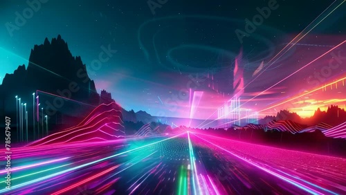 A surreal landscape with radiant neon lights guiding towards a mystic moon above an alien terrain, crafting a dreamlike vista that beckons exploration. Gaming virtual tunnel photo