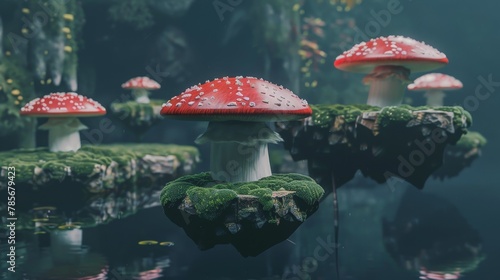 Quirky mushrooms on floating platforms AI generated illustration