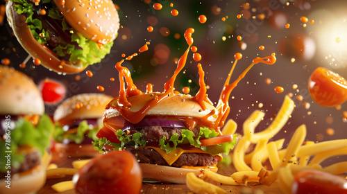 flying fast food items with sauces splash