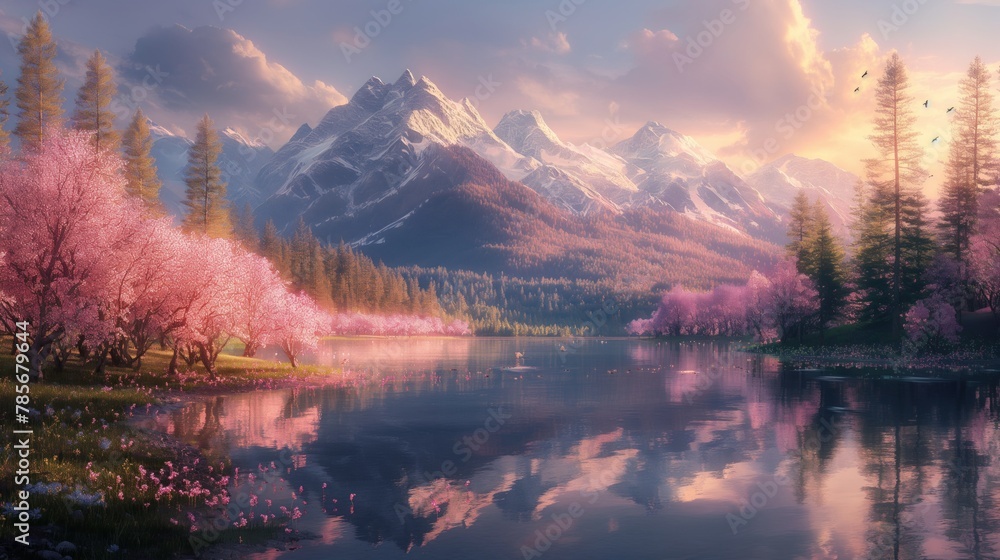 Clear lake surrounded by trees with colorful leaves, blooming branches of cherry blossom, with mountains in the background. Sky reflection on clear water
