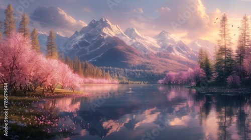 Clear lake surrounded by trees with colorful leaves, blooming branches of cherry blossom, with mountains in the background. Sky reflection on clear water
