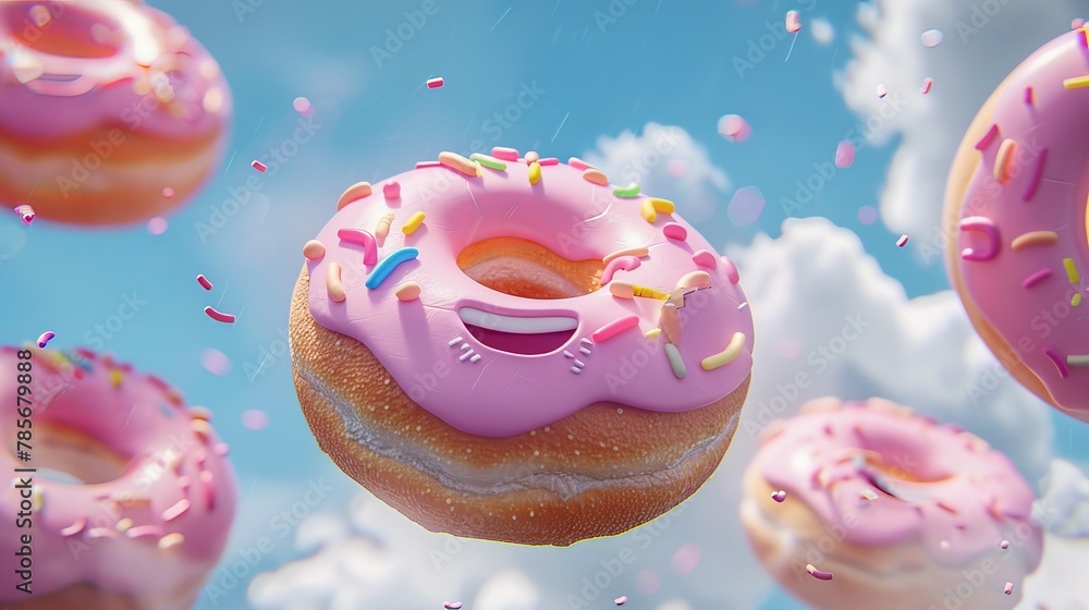 Smiling donuts floating in the air AI generated illustration Smiling donuts floating in the air AI generated illustration