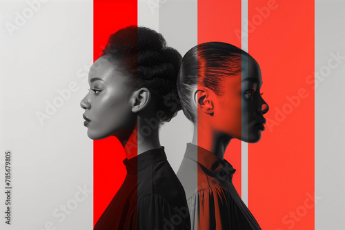 Contrast and Harmony in Dual Profile Portraits with Red Accent. Generative AI image photo