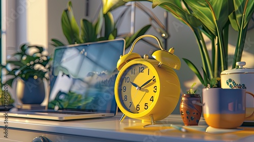 A yellow alarm clock sits on a table next to an open laptop, with coffee mugs and plants in the background. The focus is sharp and clear, capturing the detail of the bell shape. photo
