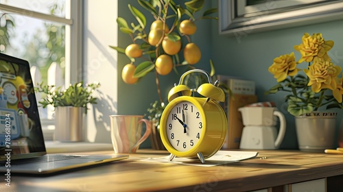 A yellow alarm clock sits on a table next to an open laptop, with coffee mugs and plants in the background. The focus is sharp and clear, capturing the detail of the bell shape. photo