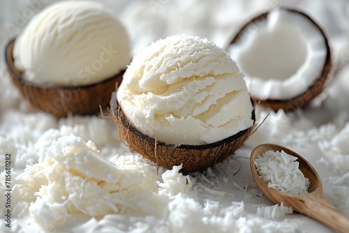 Coconut ice cream, bowl of ice cream is sitting on top of a coconut shell photo