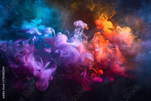 A colorful cloud of smoke with purple, blue, and orange hues. The smoke is billowing and swirling, creating a dynamic and energetic atmosphere
