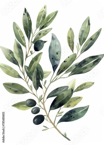Delicate Watercolor Olive Branch Botanical Illustration Generative AI
